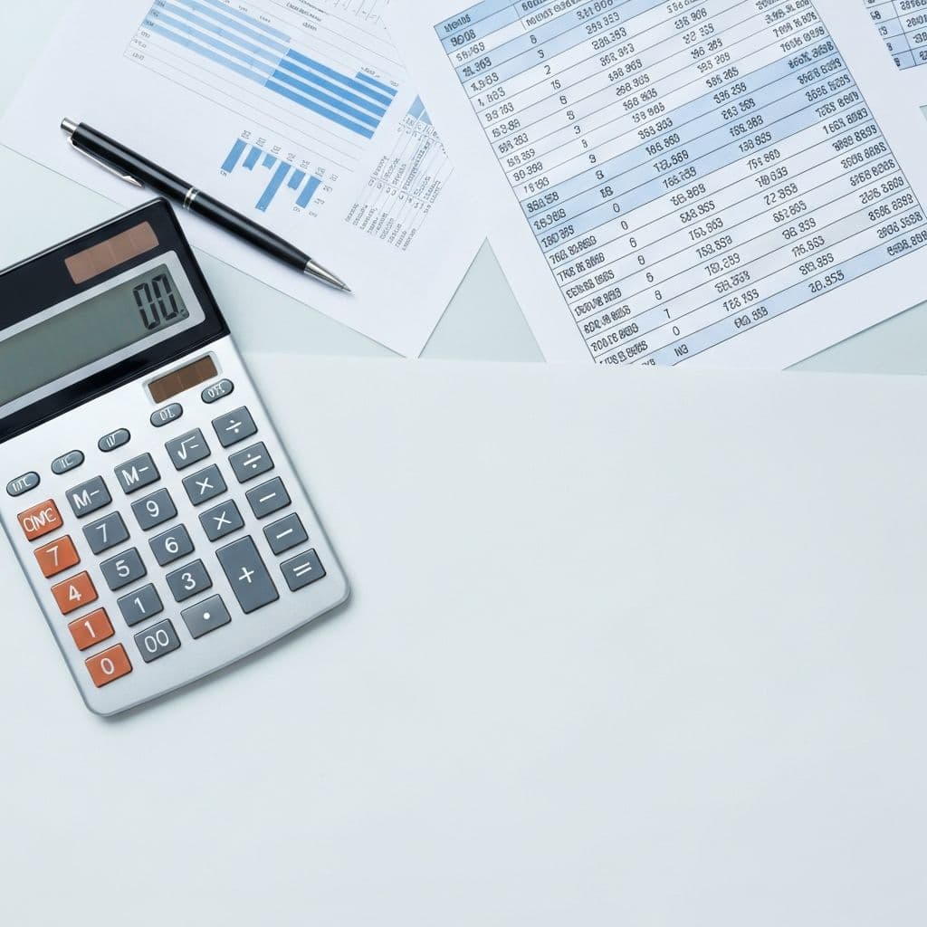 Accounting documents, calculator and pen on desk